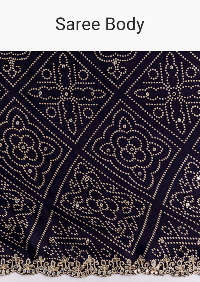 Purple Satin Ajrakh Printed Saree With Gota And Mirror Embroidery