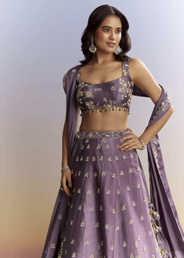 Purple Satin Bridesmaid Lehenga With Heavy Embroidery