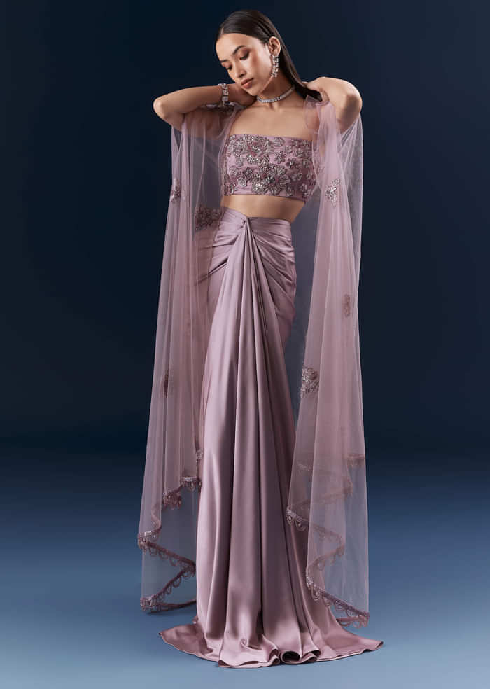 Purple Satin Crop Top And Drape Skirt Set With Lace Work