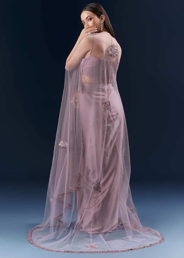 Purple Satin Crop Top And Drape Skirt Set With Lace Work