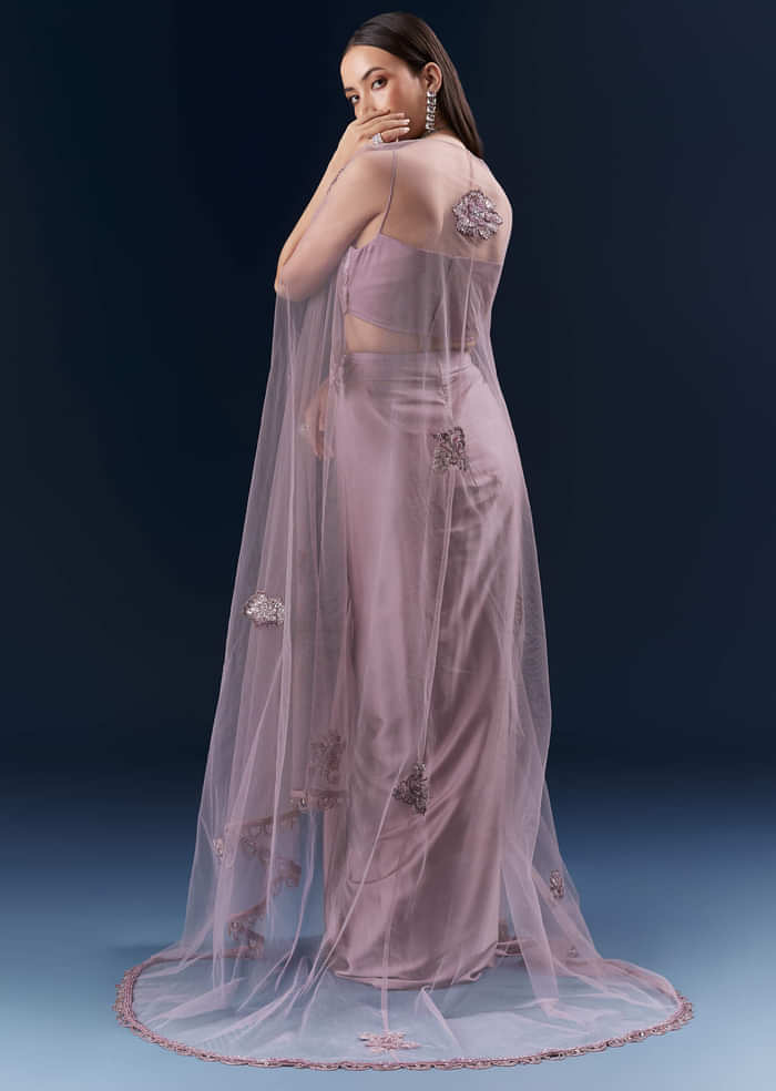 Purple Satin Crop Top And Drape Skirt Set With Lace Work