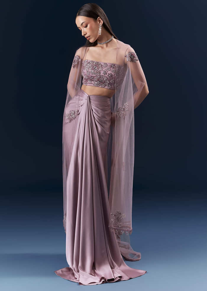 Purple Satin Crop Top And Drape Skirt Set With Lace Work