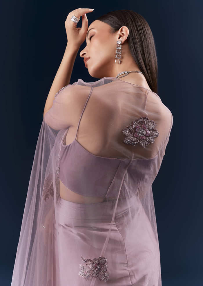 Purple Satin Crop Top And Drape Skirt Set With Lace Work