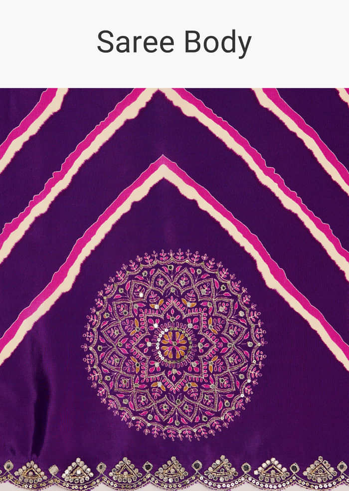 Purple Satin Saree With Gota And Mirror Embroidery