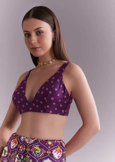 Purple Satin Saree With Ikat Print And Nature Motifs