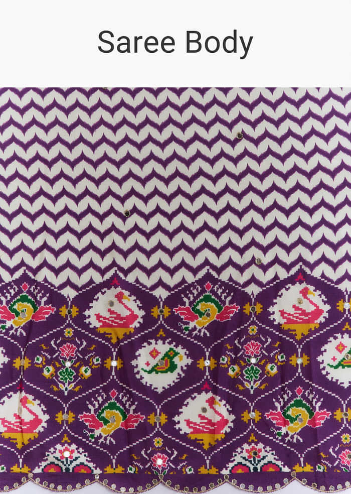 Purple Satin Saree With Ikat Print And Nature Motifs