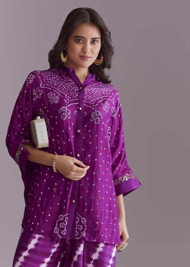Purple Silk Co-Ord Set With Authentic Bandhani And Leheriya Print
