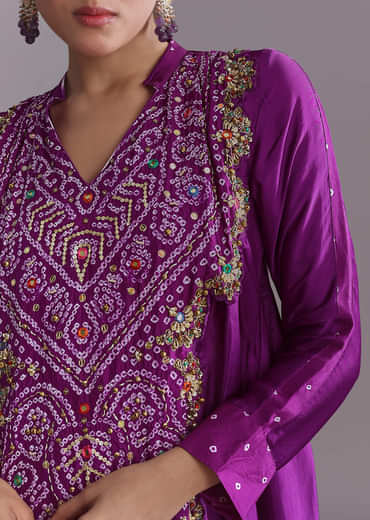 Purple Silk Co-Ord Set With Traditional Bandhani And Leheriya Print