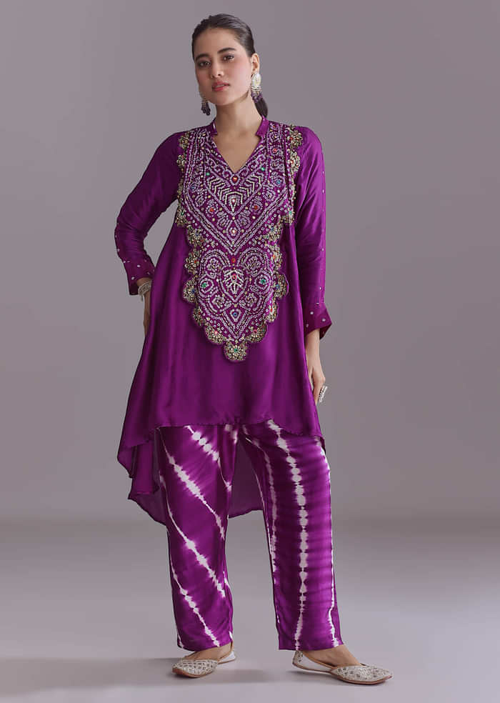 Purple Silk Co-Ord Set With Traditional Bandhani And Leheriya Print