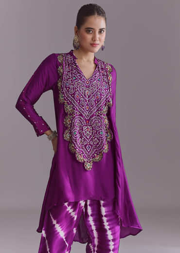 Purple Silk Co-Ord Set With Traditional Bandhani And Leheriya Print