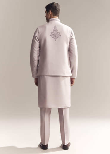 Purple Silk Kurta Jacket Set For Men With Heavy Embroidery