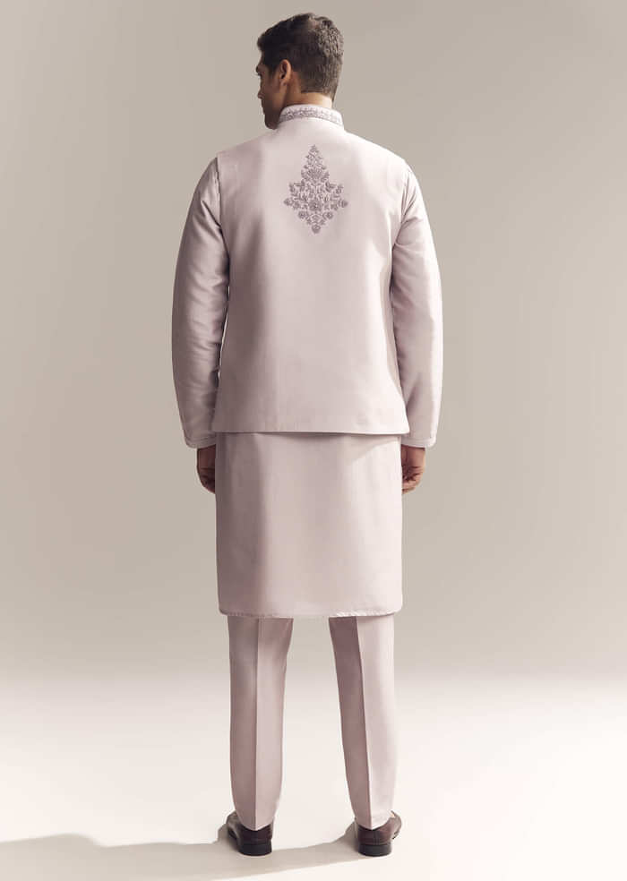 Purple Silk Kurta Jacket Set For Men With Heavy Embroidery