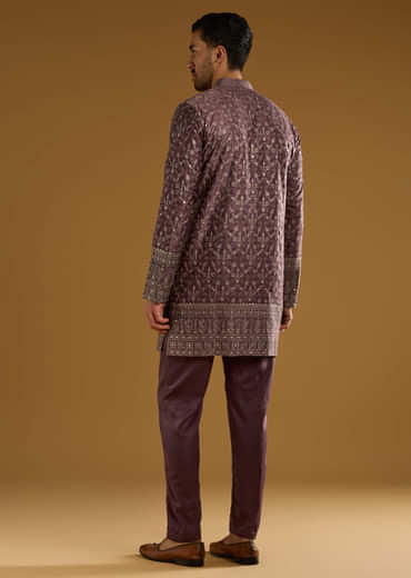 Purple Silk Kurta Set For Men With Intricate Hand Embroidery