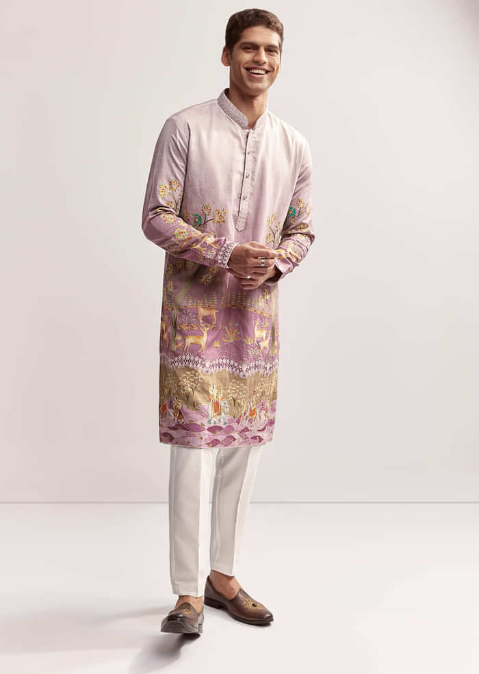 Purple Silk Kurta Set For Men With Mughal Print