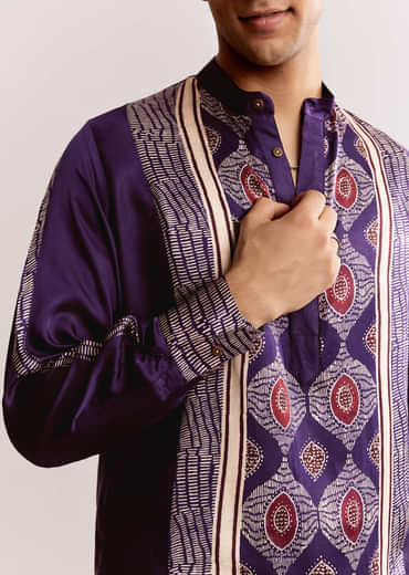 Purple Silk Kurta Set With Ajrakh Print