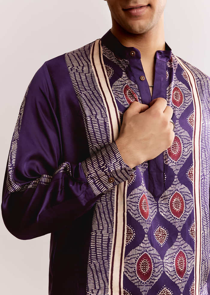Purple Silk Kurta Set With Ajrakh Print
