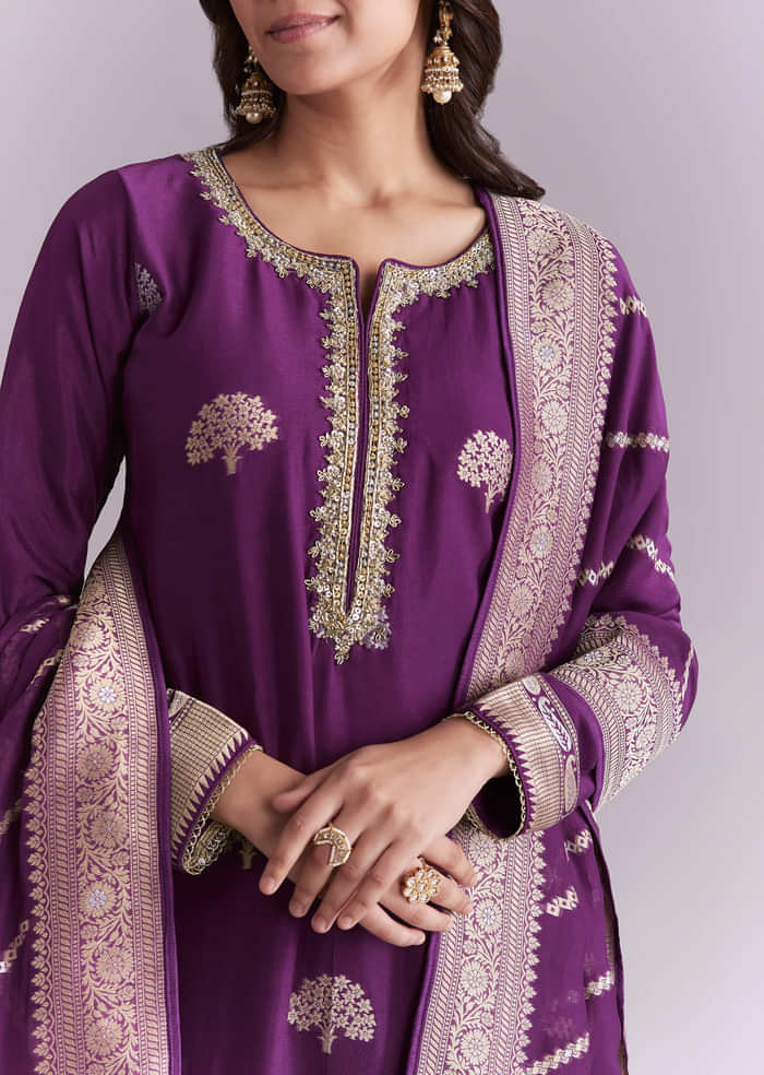 Purple Silk Kurta Set With Banarasi Weave