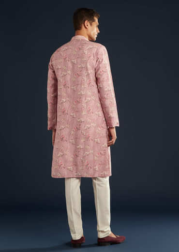 Purple Silk Mens Kurta Set with Floral Motifs