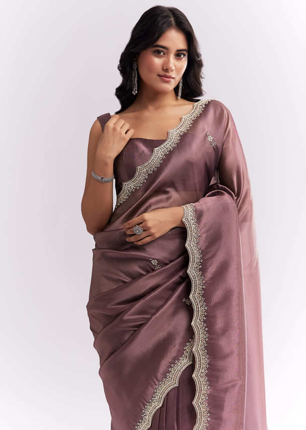 Purple Silk Organza Saree With Heavy Hand Embroidery Purple Silk Organza Saree With Heavy Hand Embroidery