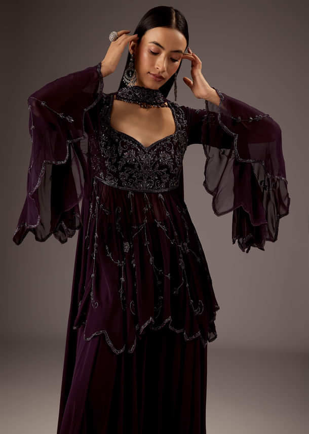 Purple Silk Palazzo Suit With Elegant Hand Work