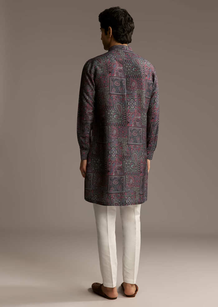 Purple Silk Printed Designer Kurta For Men