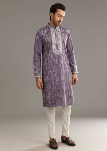Purple Silk Vine Motif Threadwork Kurta Set