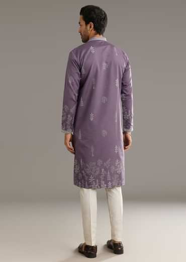 Purple Silk Vine Motif Threadwork Kurta Set