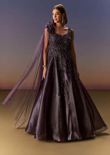 Purple Sleeveless Gown With Floral Shoulder Embroidery And Trail