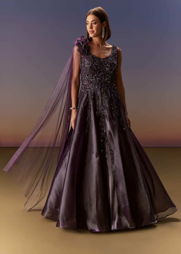 Purple Sleeveless Gown With Floral Shoulder Embroidery And Trail