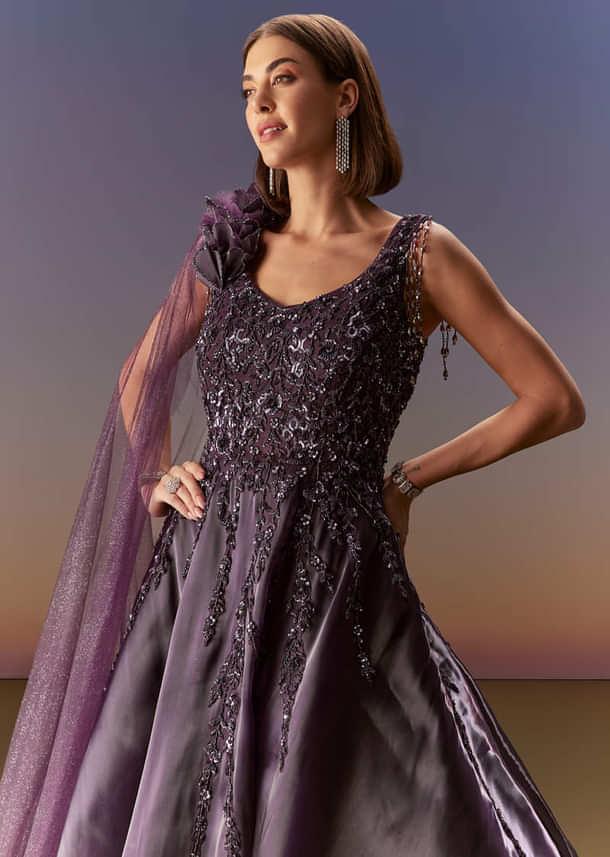 Purple Sleeveless Gown With Floral Shoulder Embroidery And Trail