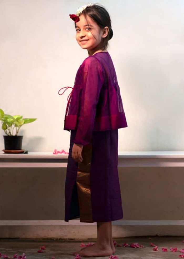 Kalki Girls Purple Slip Dress With Adjustable Tie Up And Angrakha Jacket Love The World Today