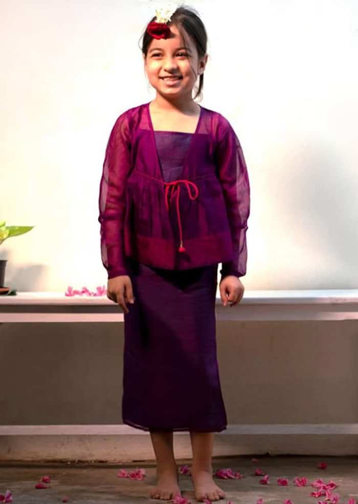 Kalki Girls Purple Slip Dress With Adjustable Tie Up And Angrakha Jacket Love The World Today