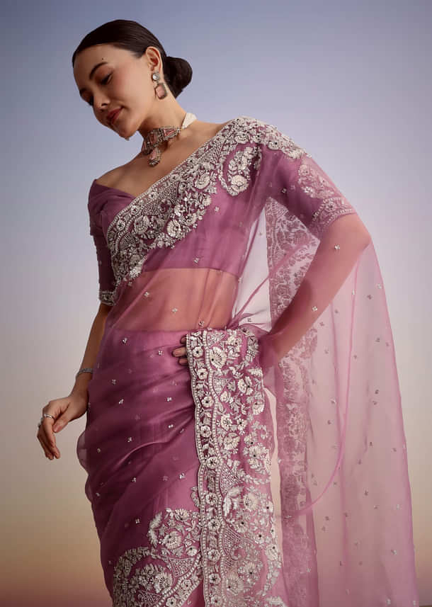Purple Tissue Embellished Saree With Floral Embroidery All Over