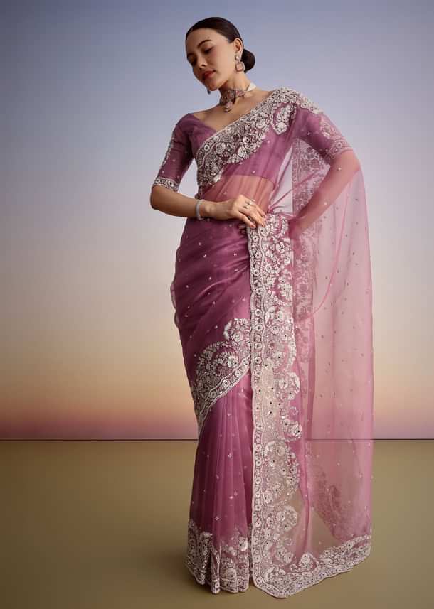 Purple Tissue Embellished Saree With Floral Embroidery All Over