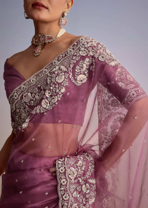 Purple Tissue Embellished Saree With Floral Embroidery All Over