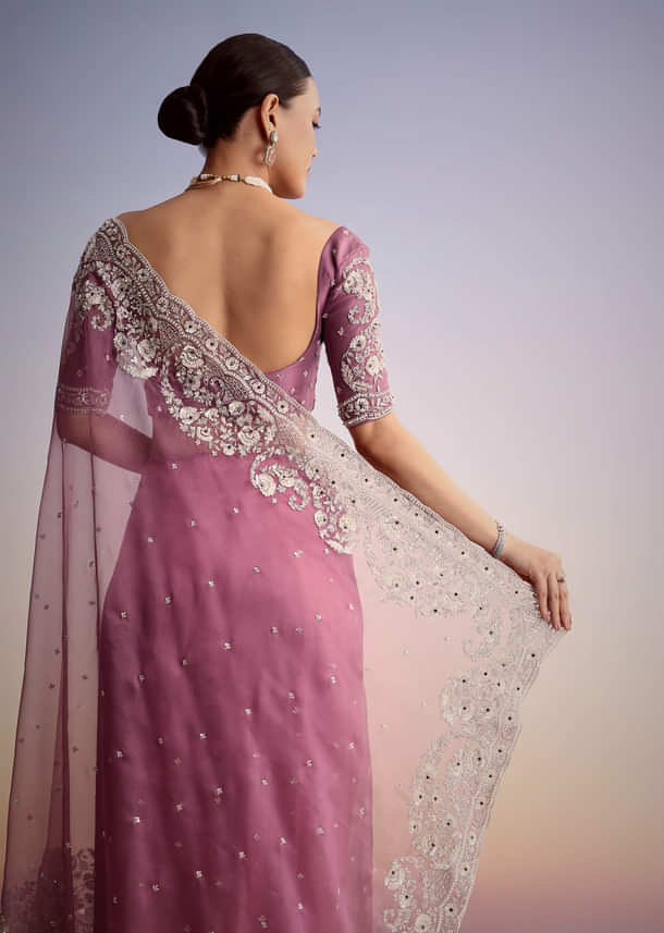 Purple Tissue Embellished Saree With Floral Embroidery All Over