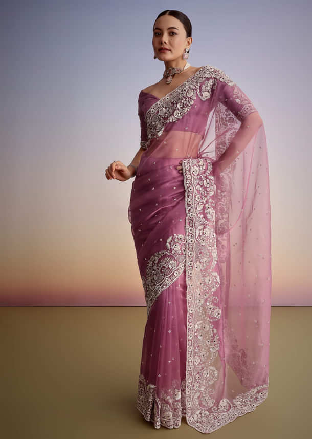 Purple Tissue Embellished Saree With Floral Embroidery All Over