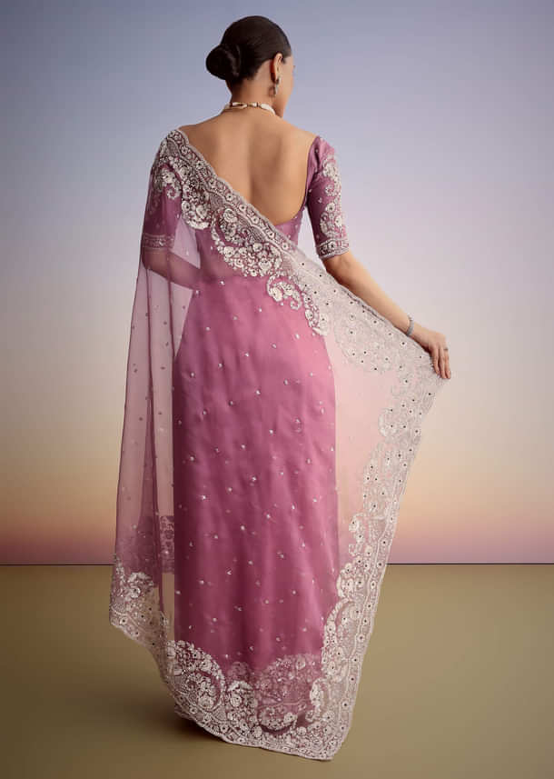 Purple Tissue Embellished Saree With Floral Embroidery All Over