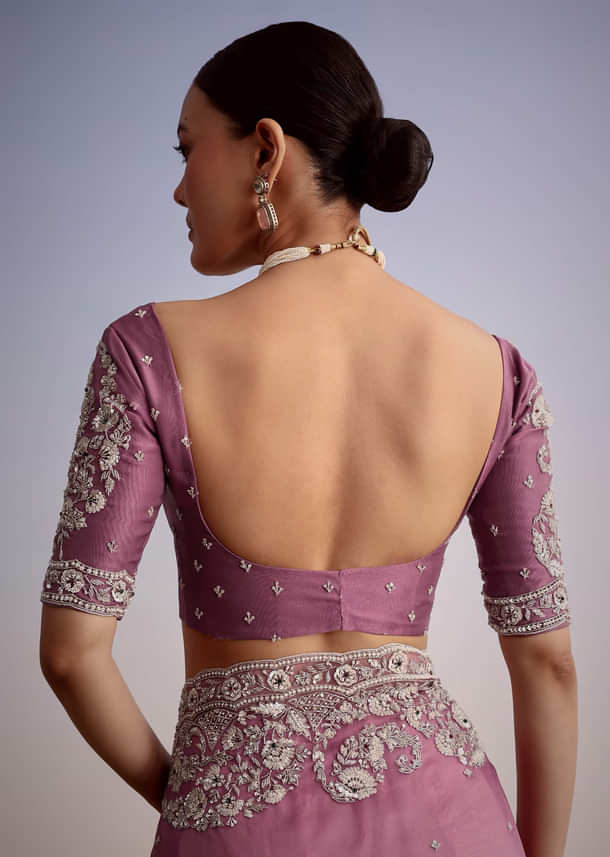 Purple Tissue Embellished Saree With Floral Embroidery All Over
