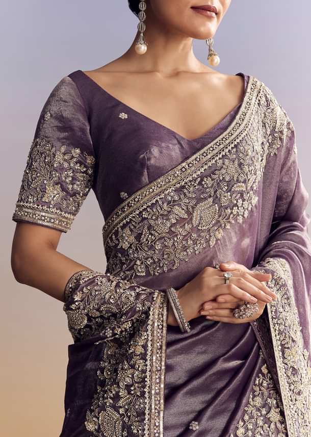 Purple Tissue Saree With Heavy Floral Embroidered Border