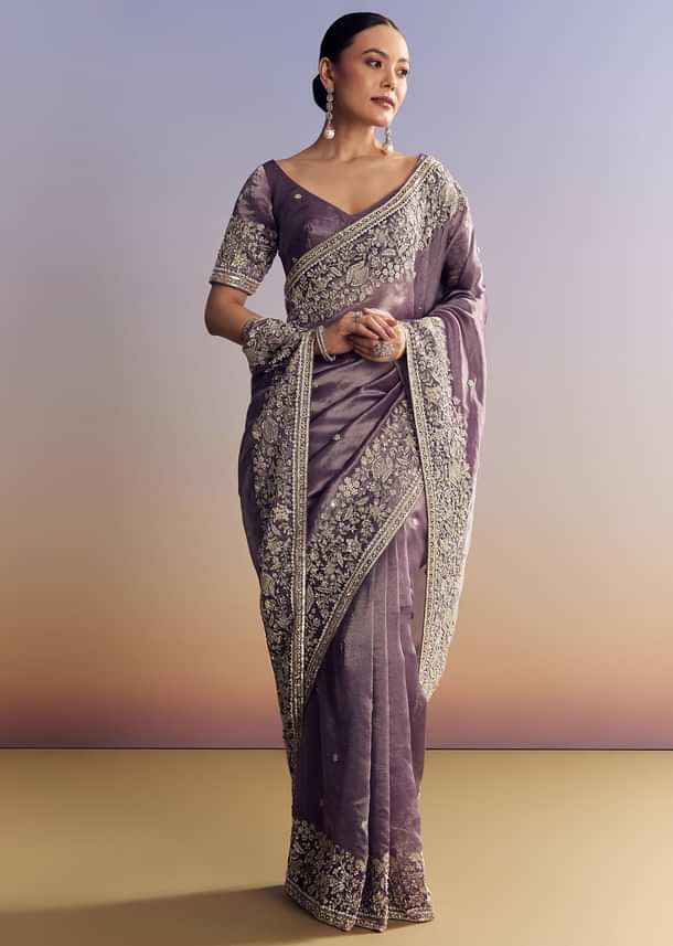 Purple Tissue Saree With Heavy Floral Embroidered Border