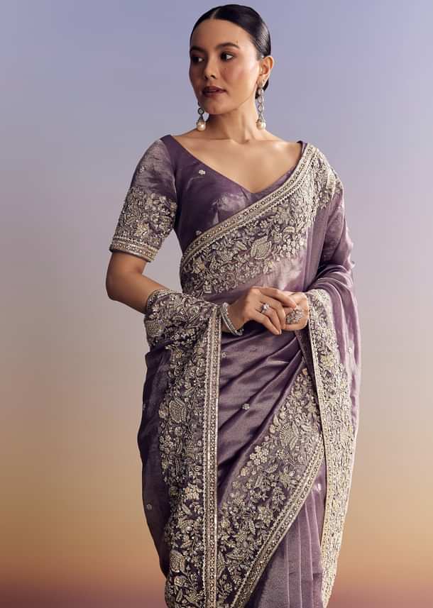 Purple Tissue Saree With Heavy Floral Embroidered Border