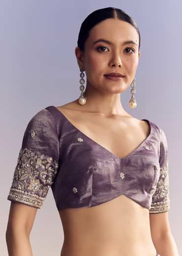 Purple Tissue Saree With Heavy Floral Embroidered Border