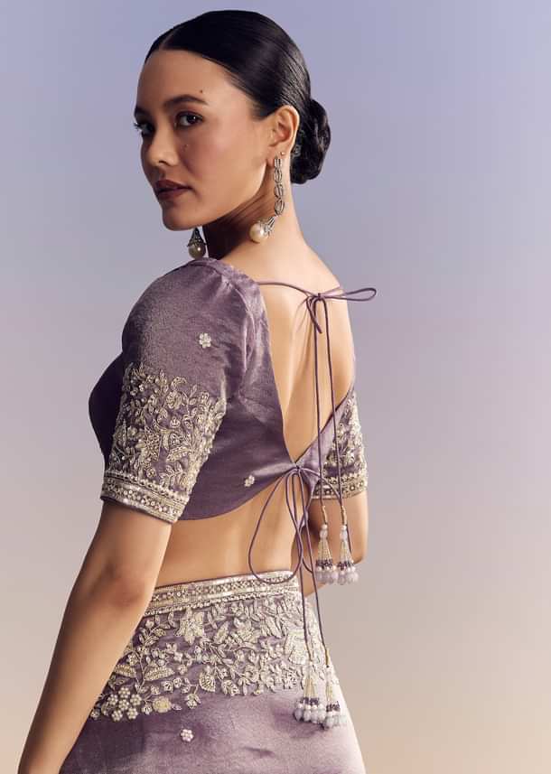 Purple Tissue Saree With Heavy Floral Embroidered Border
