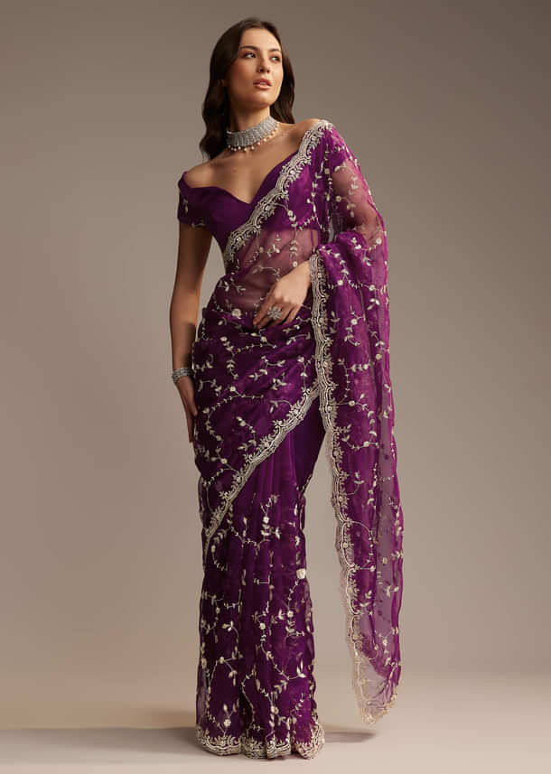 Purple Tissue Saree with Heavy Floral Embroidery