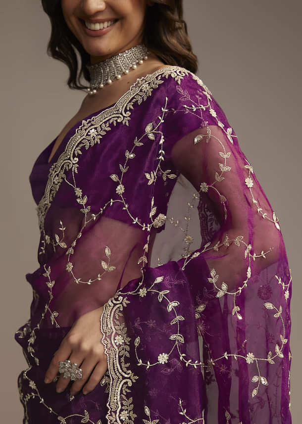 Purple Tissue Saree with Heavy Floral Embroidery