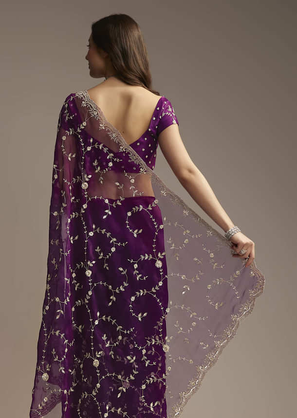 Purple Tissue Saree with Heavy Floral Embroidery