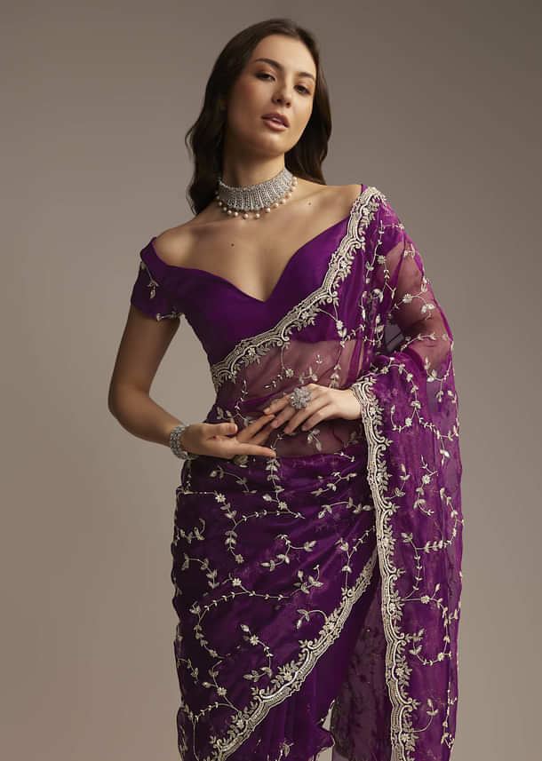 Purple Tissue Saree with Heavy Floral Embroidery