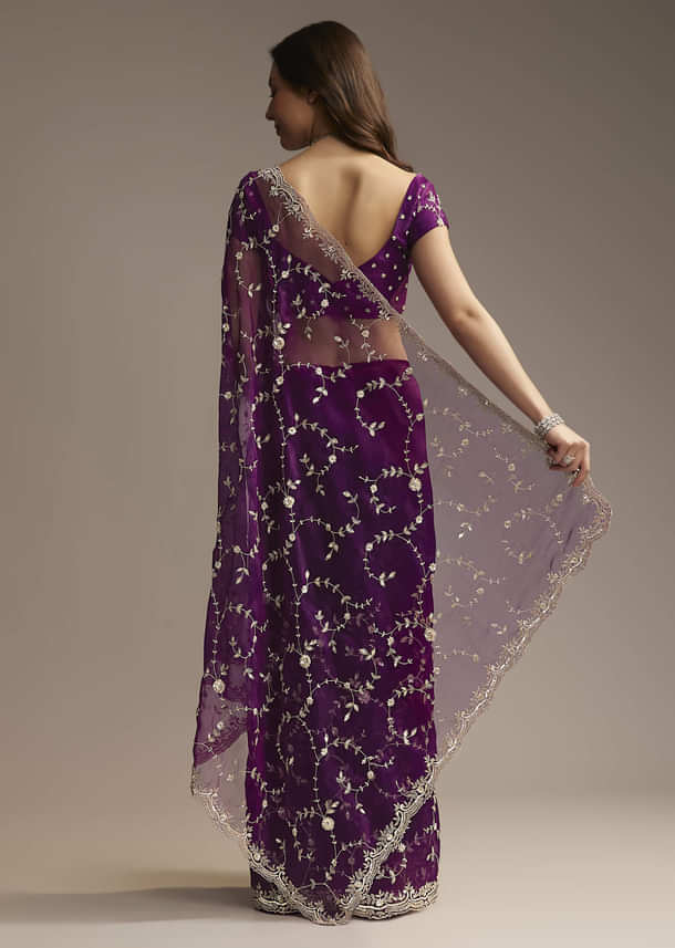 Purple Tissue Saree with Heavy Floral Embroidery