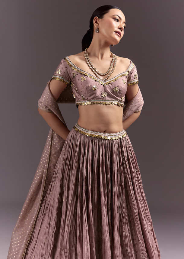 Purple Tussar Lehenga Set With Copper Coin Metal Embroidery